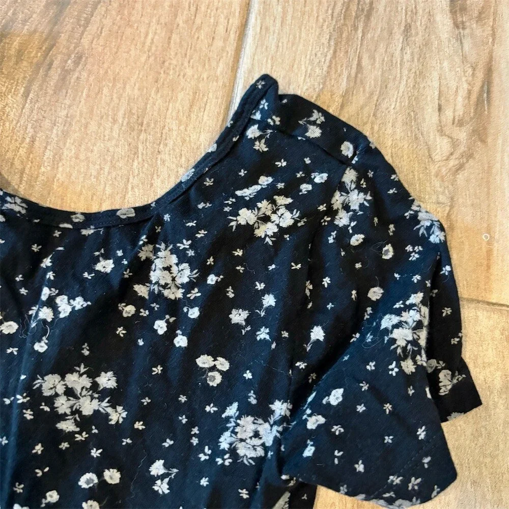 Old Navy Dress Girls Size L Black Ditzy Floral Fit & Flare Knee Short
